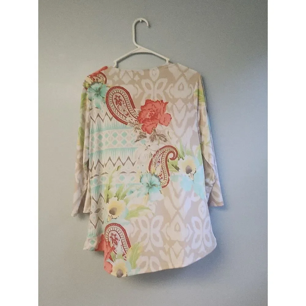 Chico's Paradise‎ Paisley Fiona Scoop Top Blue White Tan Coral 1 M So Pretty!